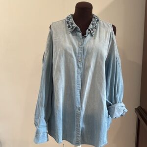 Cold Shoulder Long Sleeve Beaded Black Label (Chico’s) Denim Top